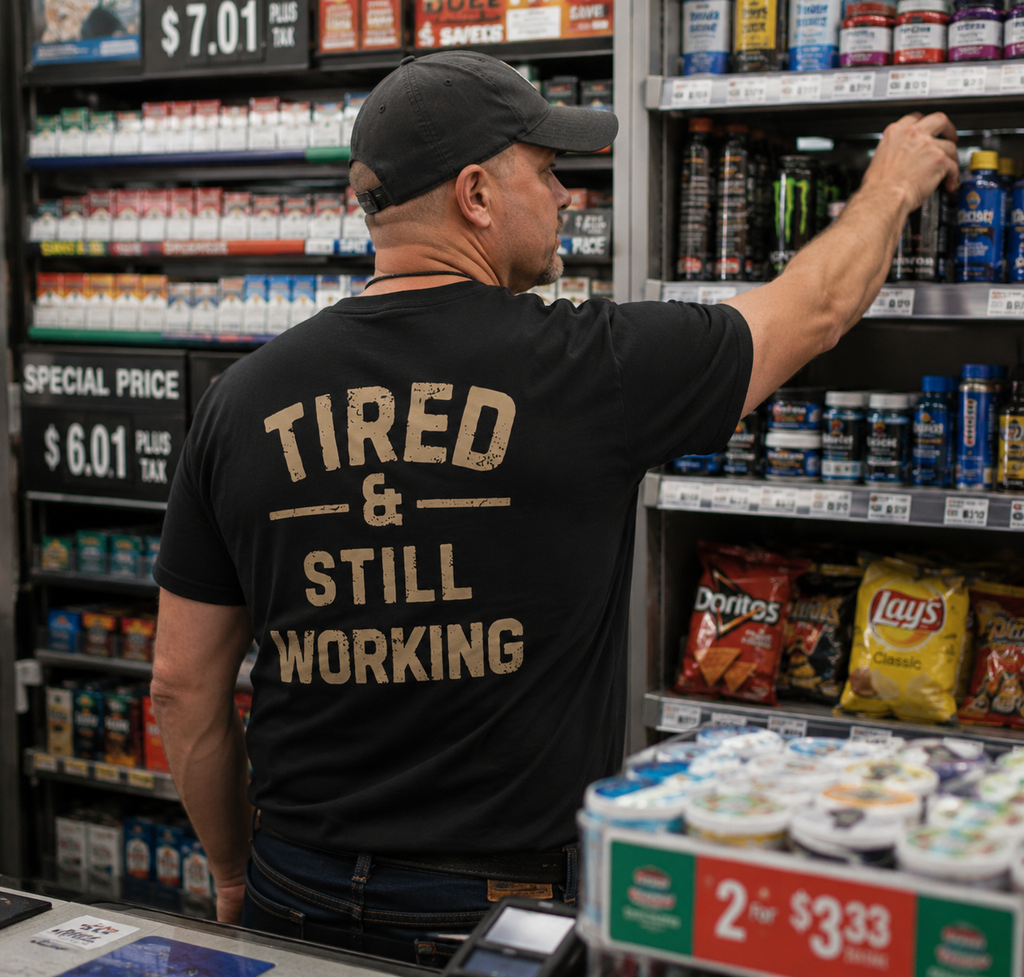 Tired & Still Working T-Shirt — Small Chest Crest "We See You" / Back Graphic "Tired & Still Working"