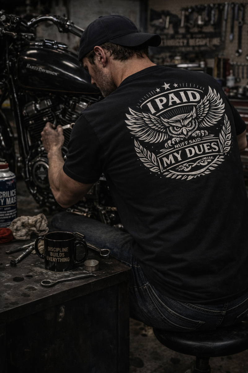 Person working on a motorcycle in a workshop with 'Paid My Dues' shirt.